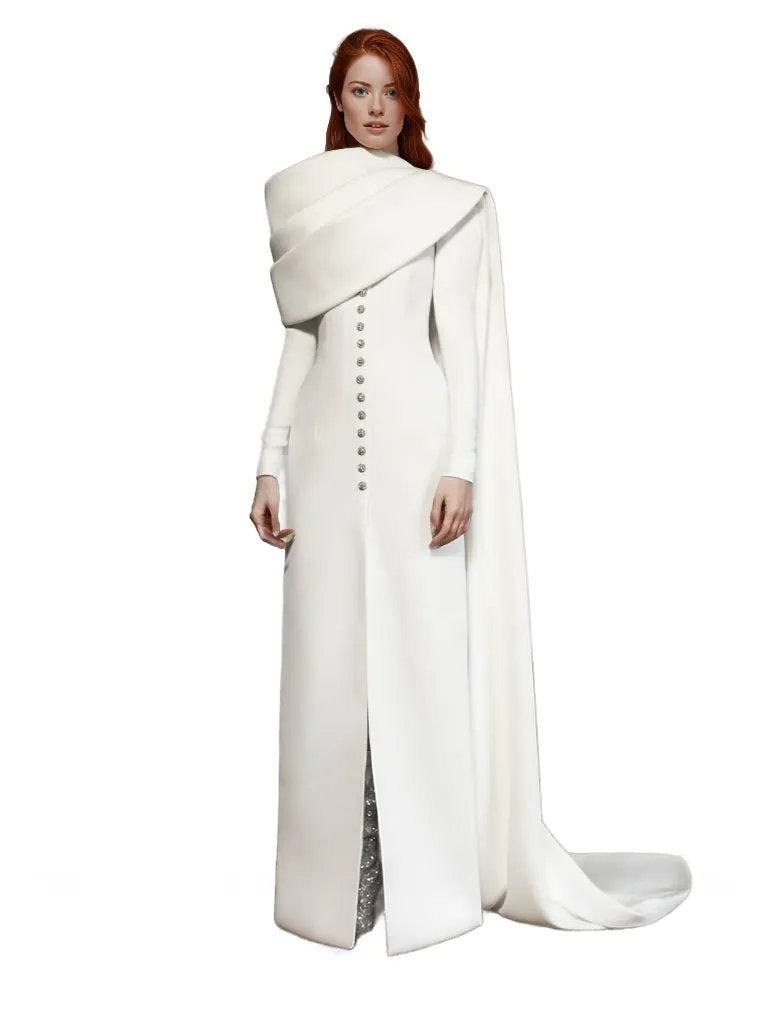 Draped shoulder button-front gown – ileno