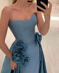 Strapless A-line gown with floral appliqué and front slit – AZURE