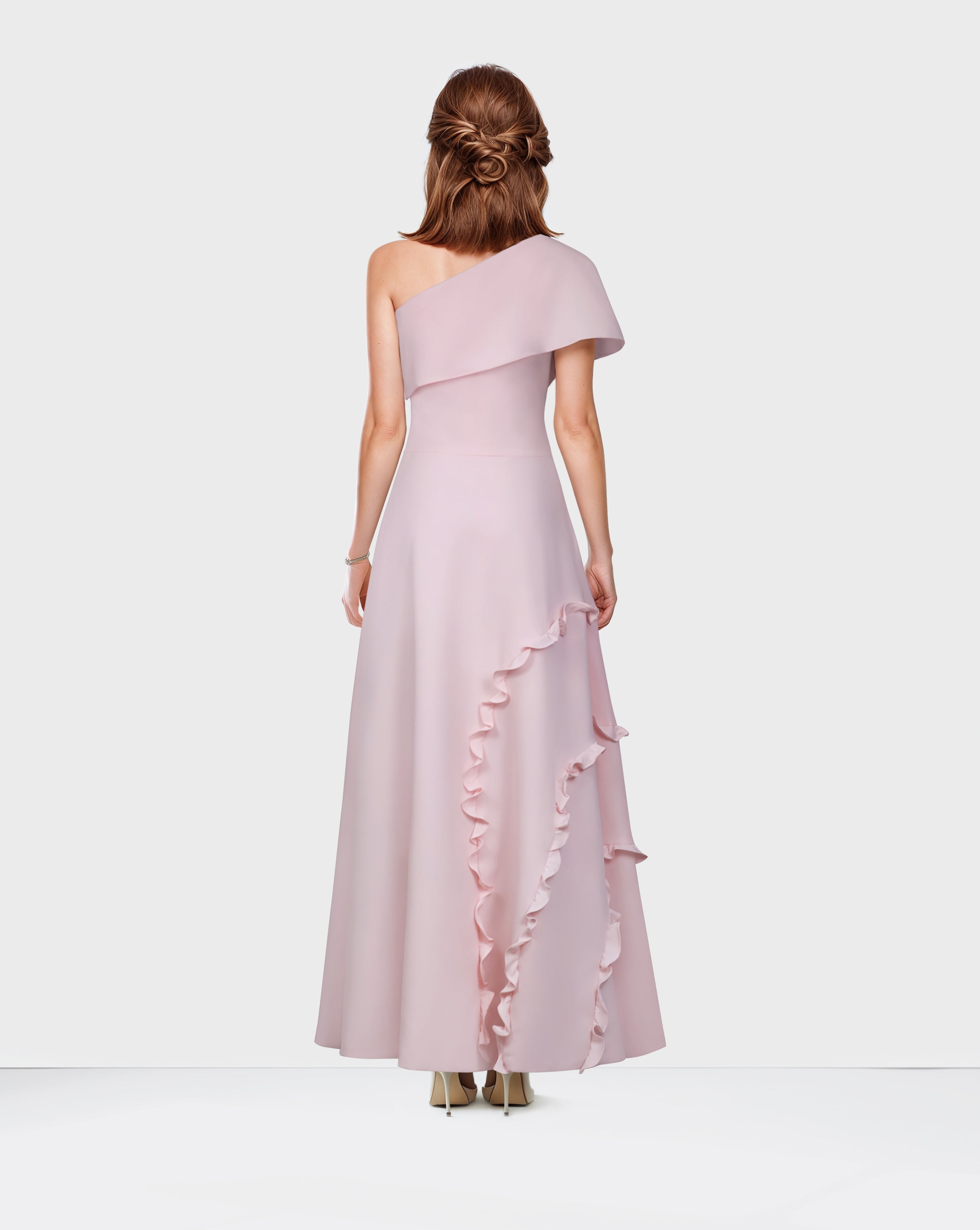 Shoulder off a line dress with ruffles -Roltha