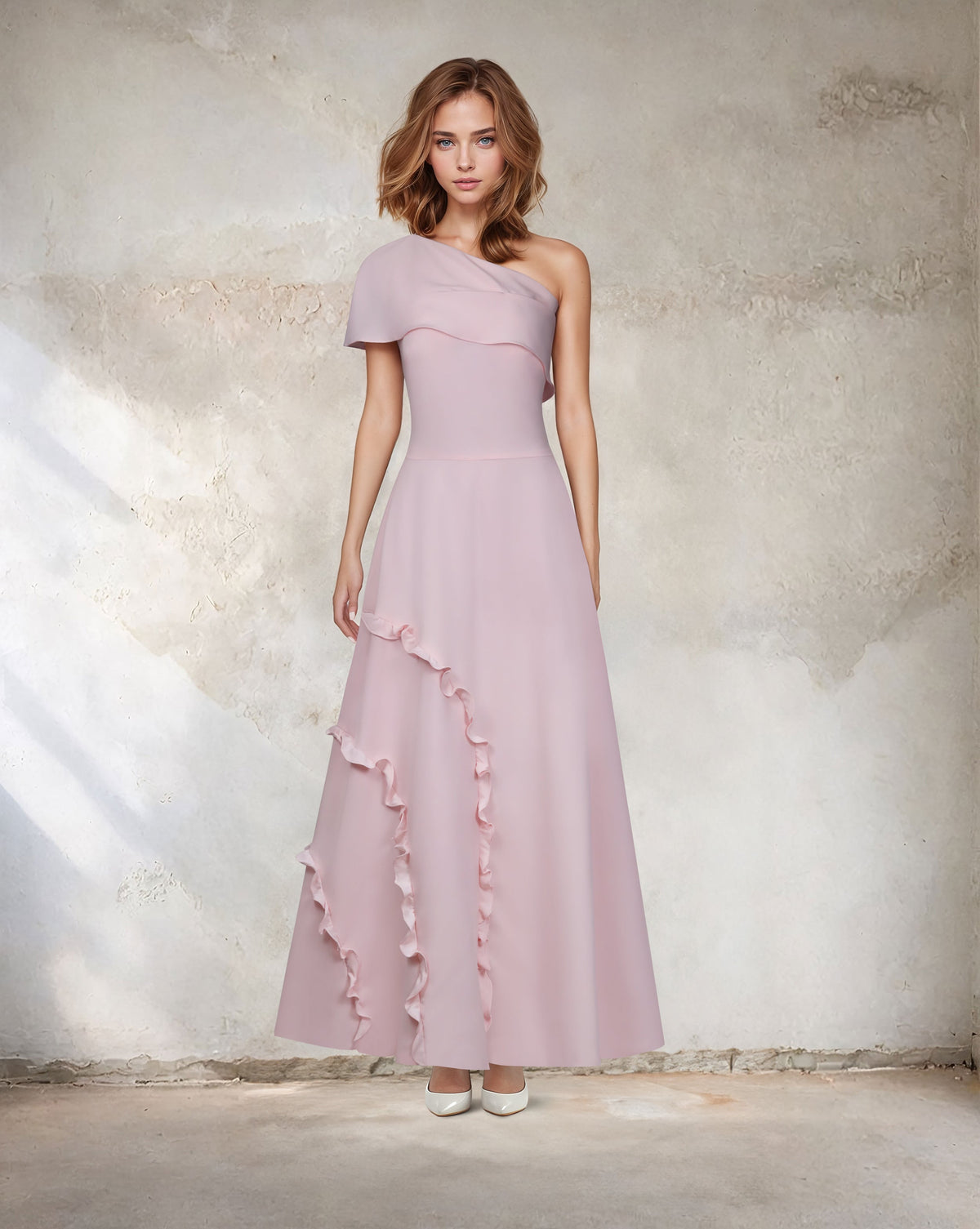 Shoulder off a line dress with ruffles -Roltha