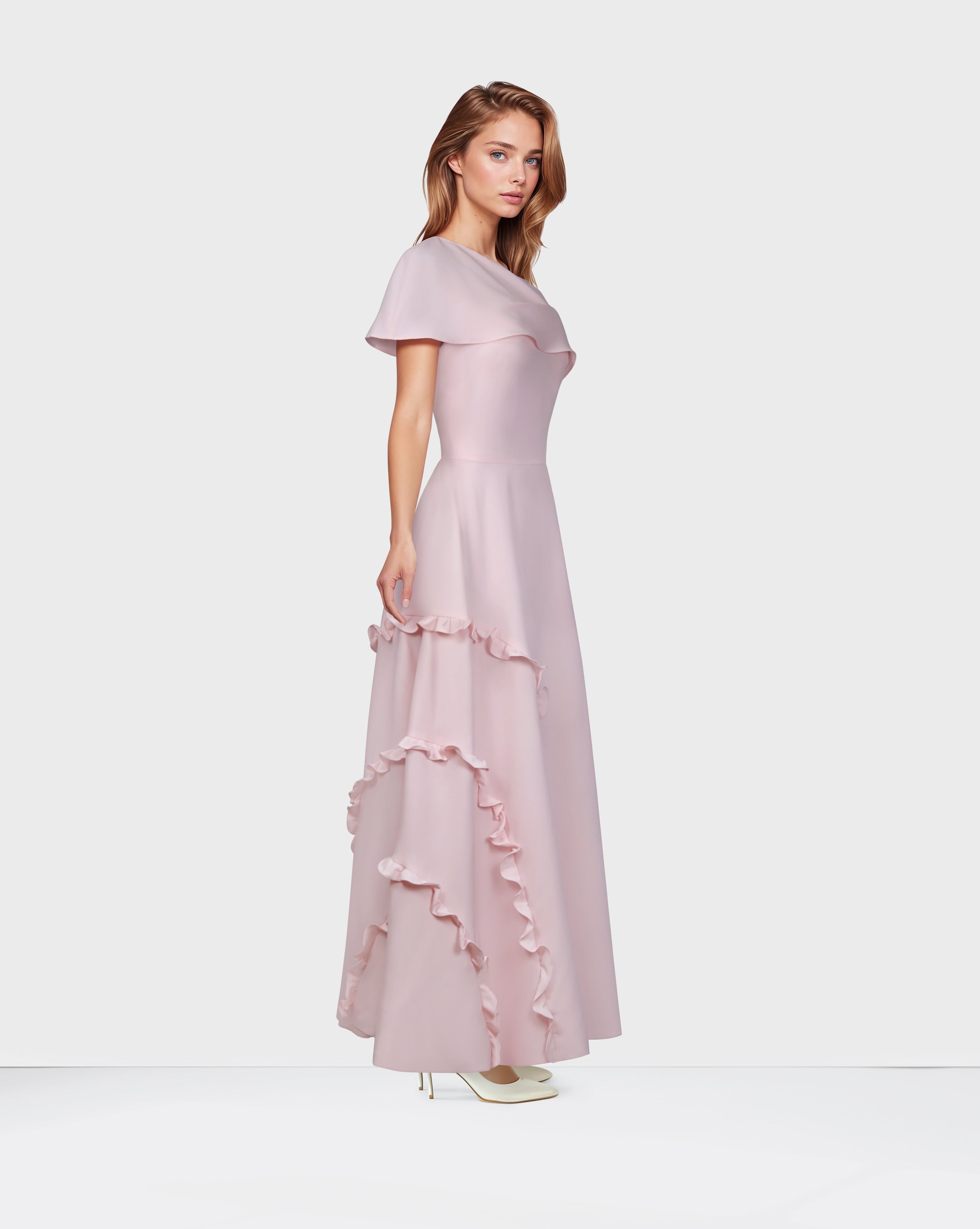 Shoulder off a line dress with ruffles -Roltha