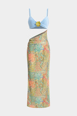 Abstract Contrast Pattern Cut Out Slip Sleeveless Maxi Dress