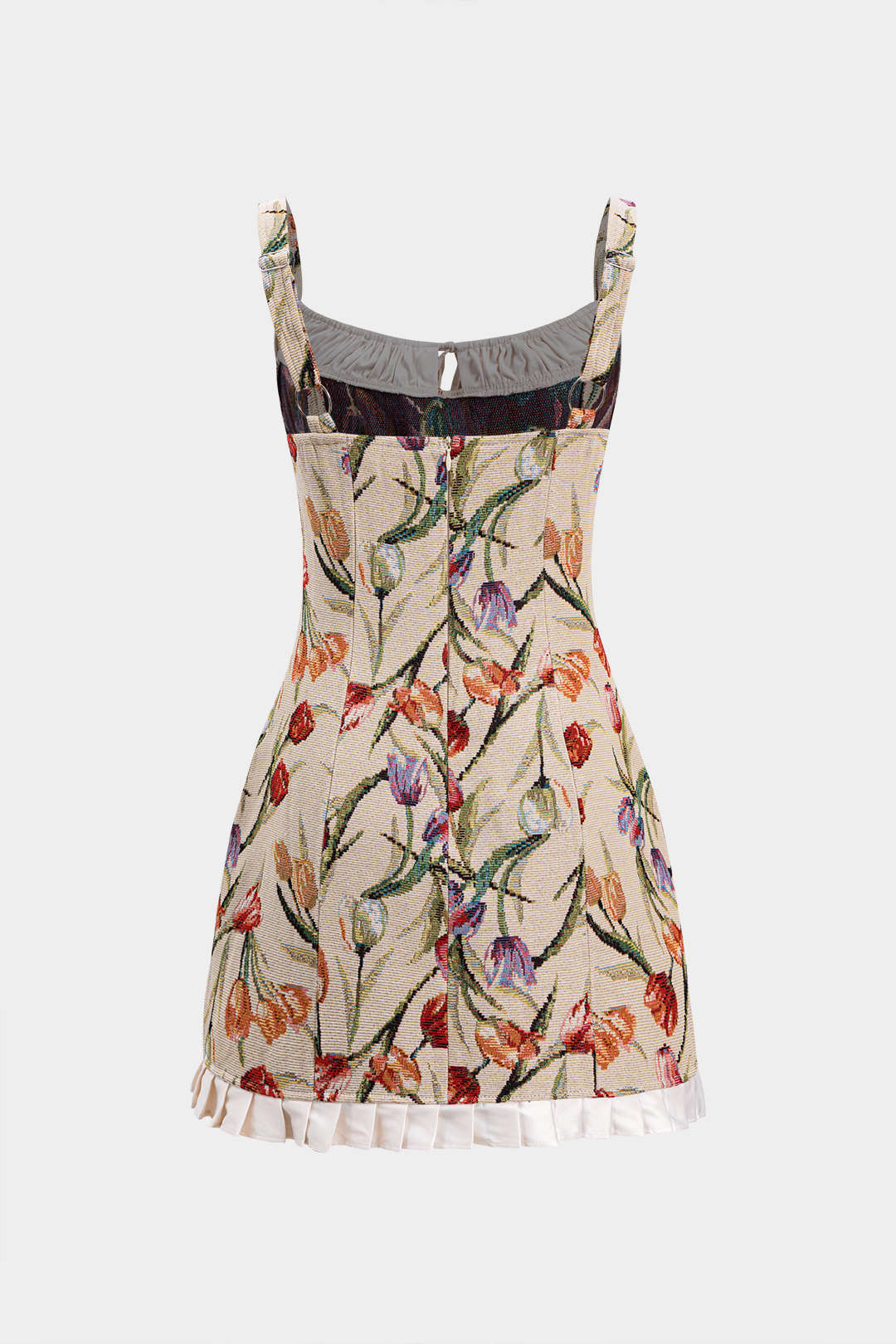 Satin Jacquard Pleated Patchwork Zipper Tie Front Slip Mini Dress