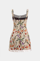 Satin Jacquard Pleated Patchwork Zipper Tie Front Slip Mini Dress