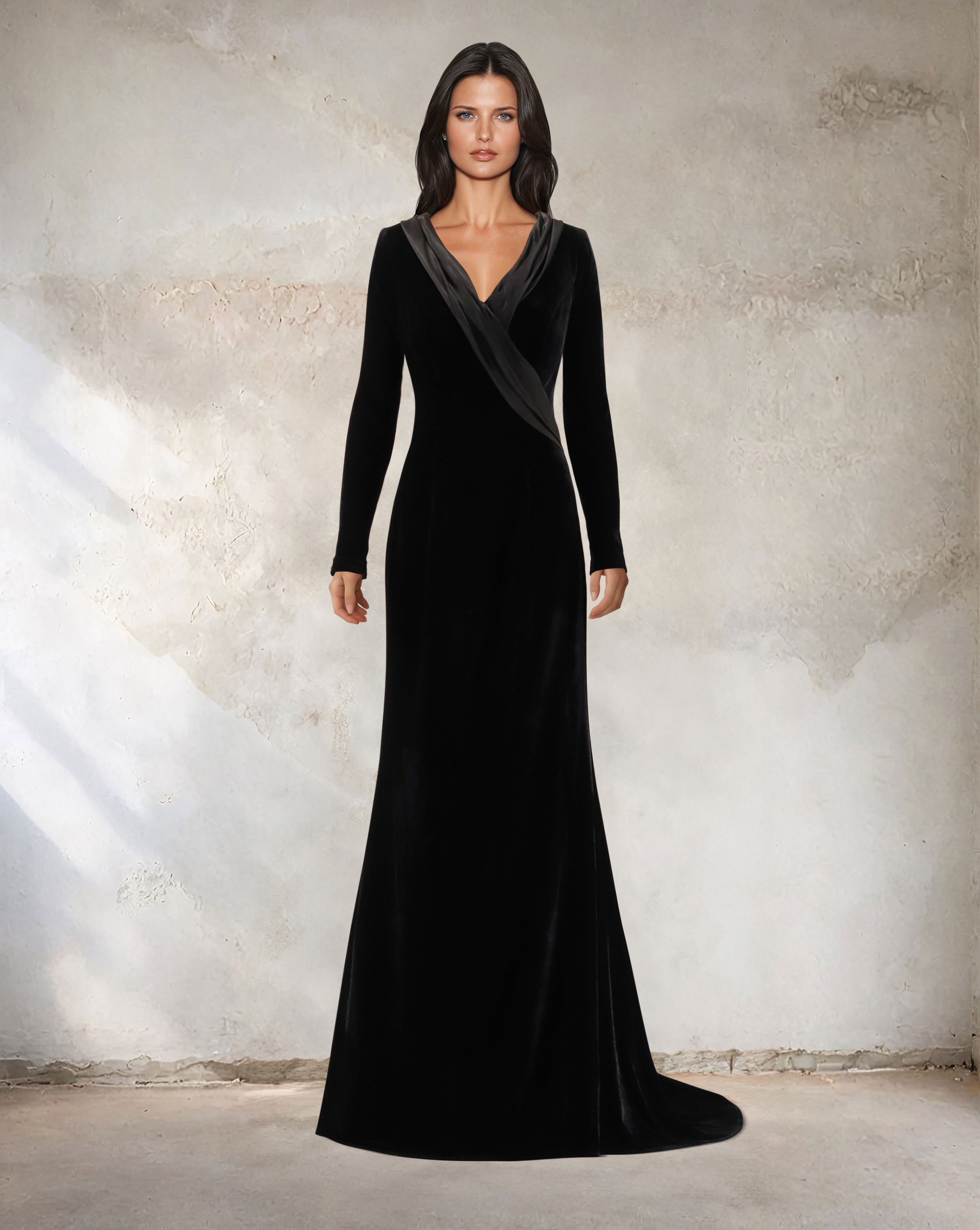 Long sleeve black velvet dress with a train - Deniya