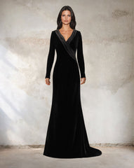 Long sleeve black velvet dress with a train - Deniya