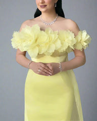 Off-shoulder column dress with floral neckline and chiffon train – LEMONIA
