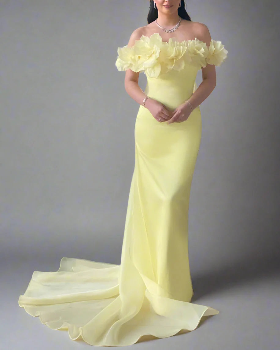 Off-shoulder column dress with floral neckline and chiffon train – LEMONIA