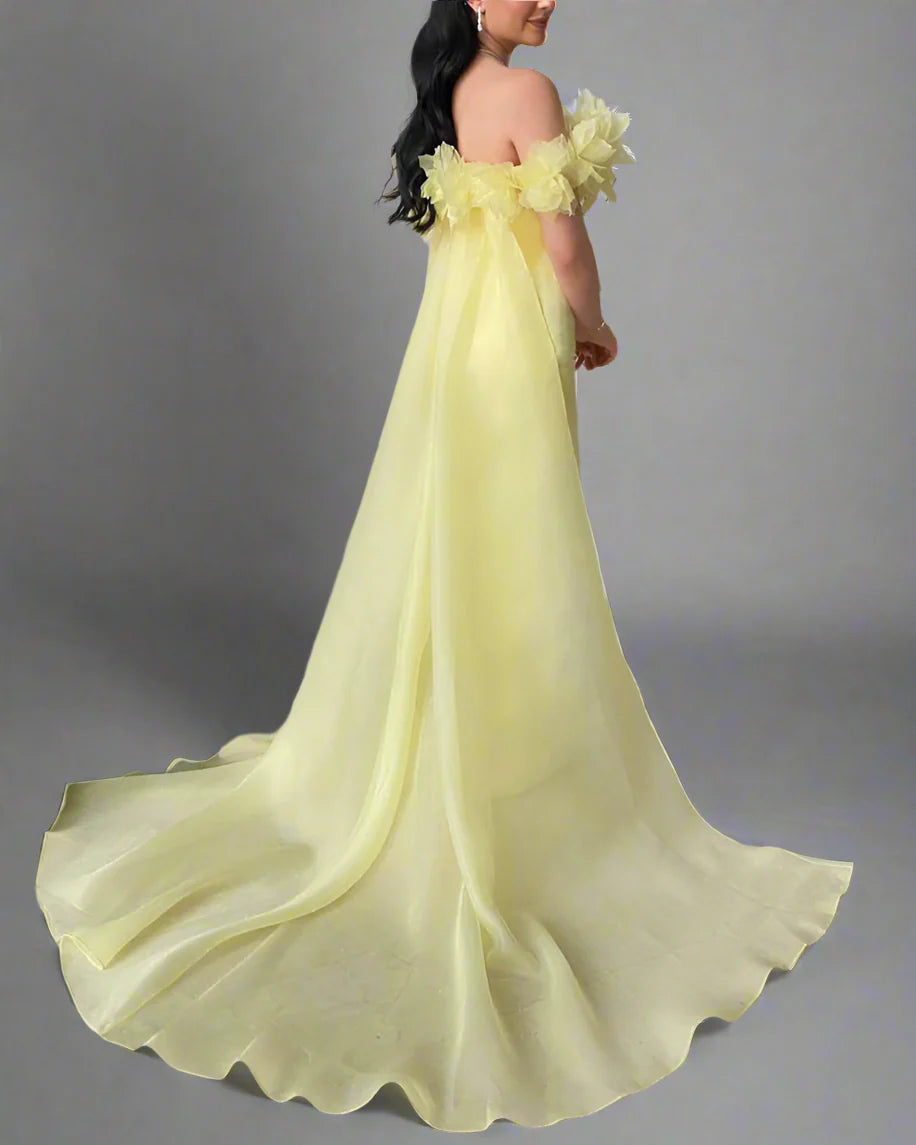 Off-shoulder column dress with floral neckline and chiffon train – LEMONIA