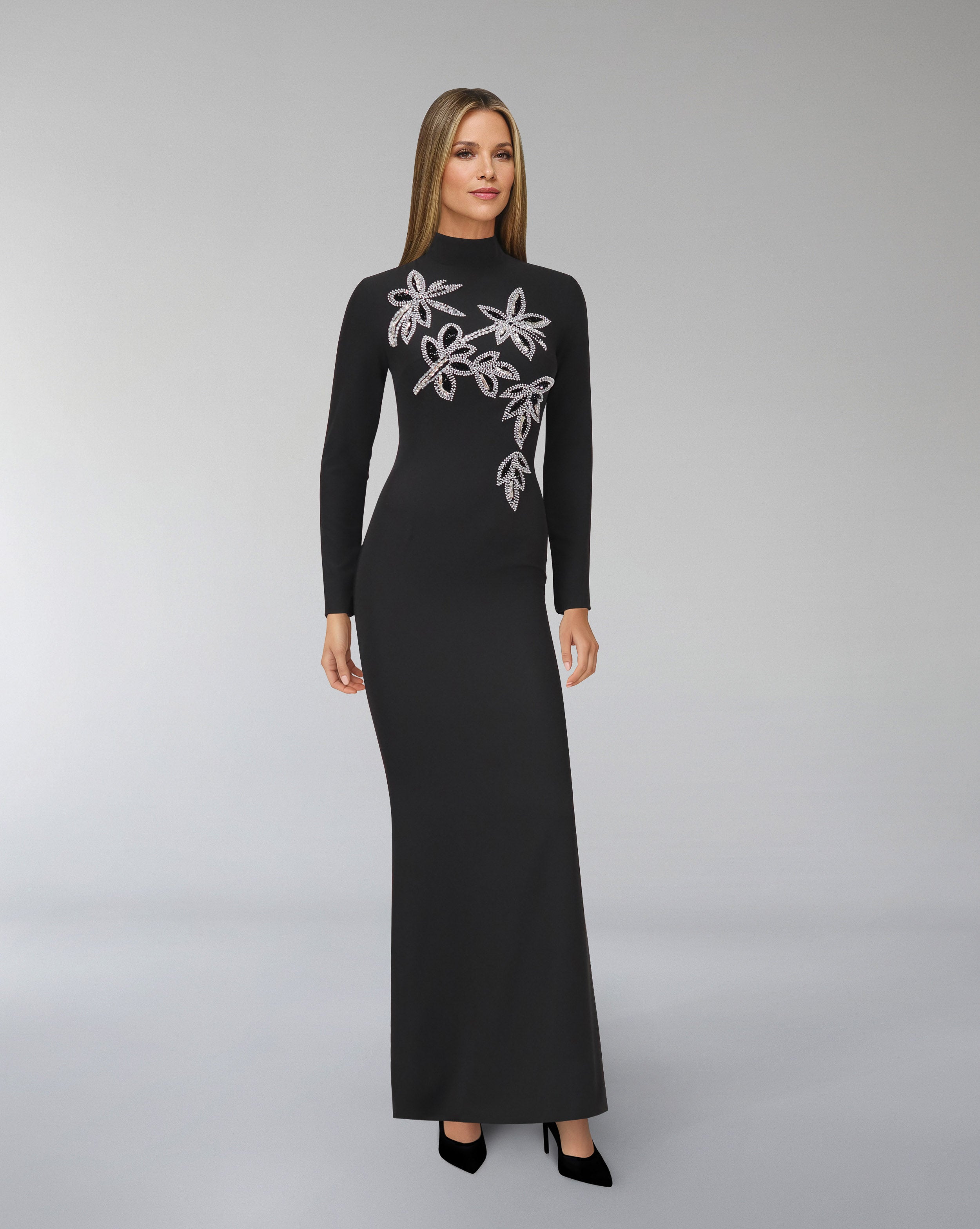 Long sleeve column dress with beaded flowers-Itab