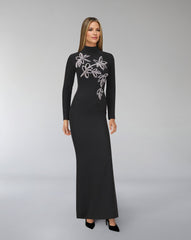 Long sleeve column dress with beaded flowers-Itab