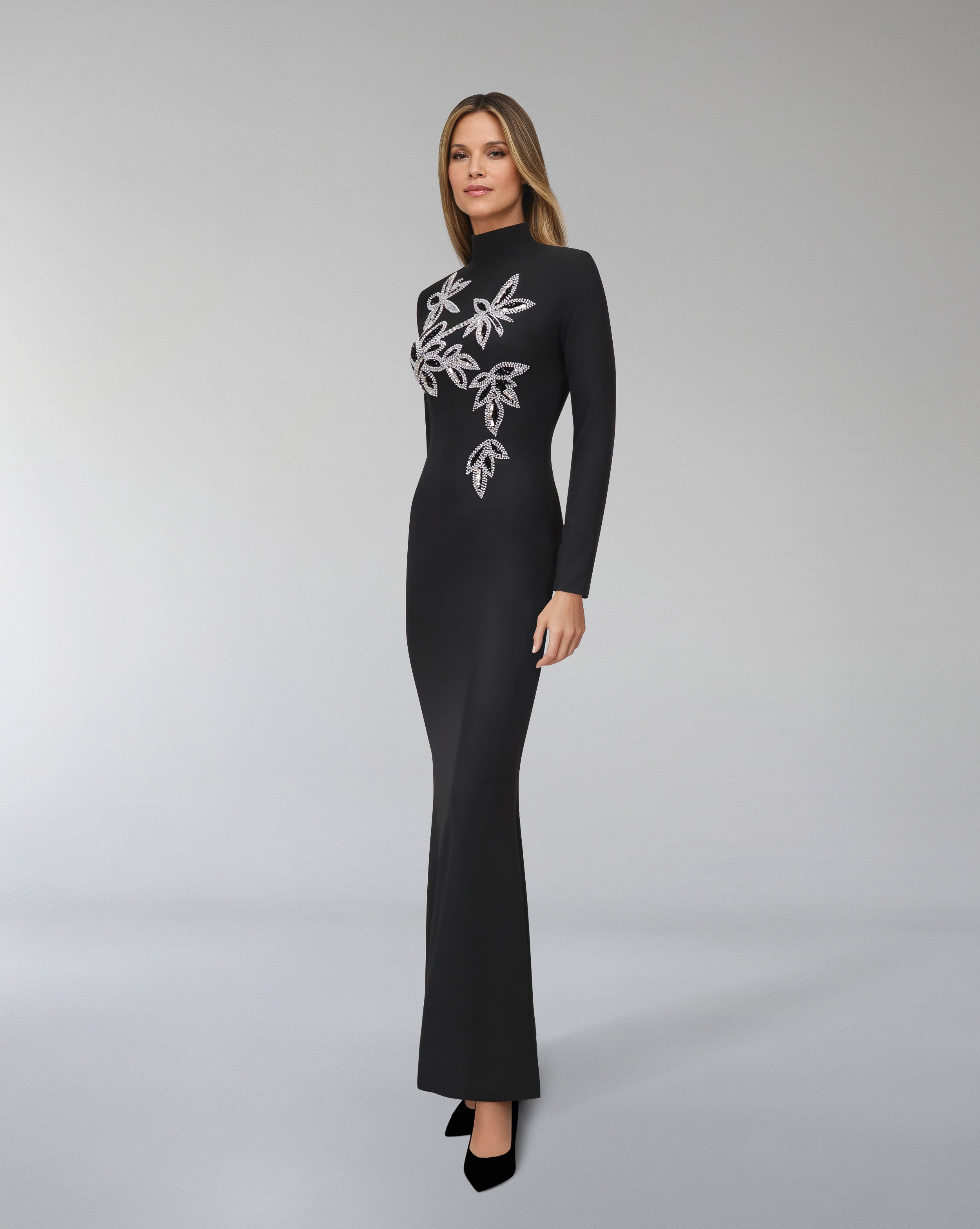 Long sleeve column dress with beaded flowers-Itab