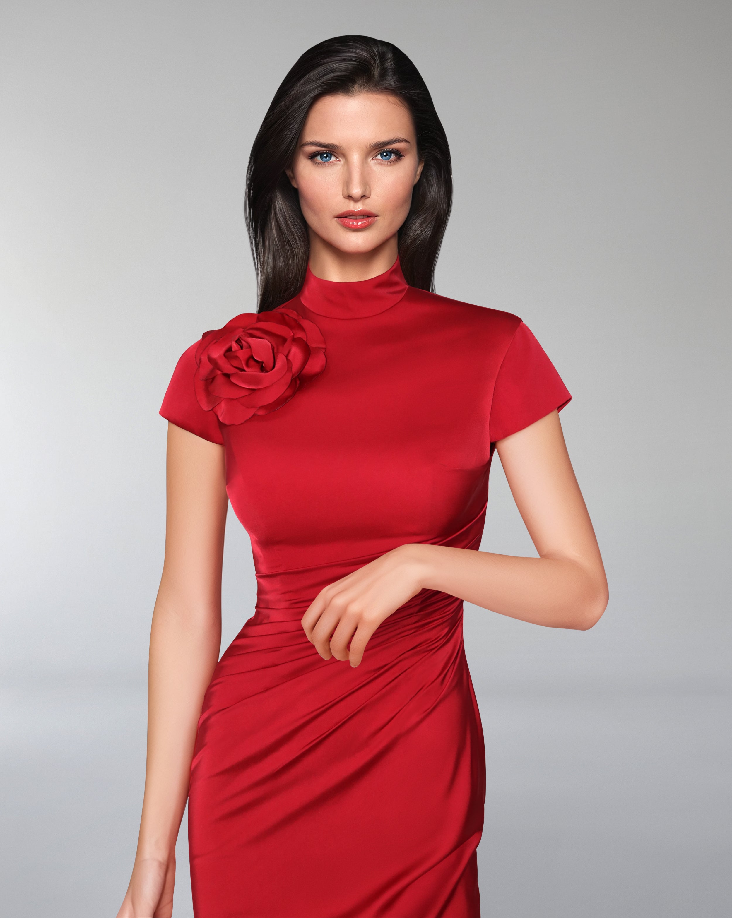 Short sleeve draped dress with 3D flower