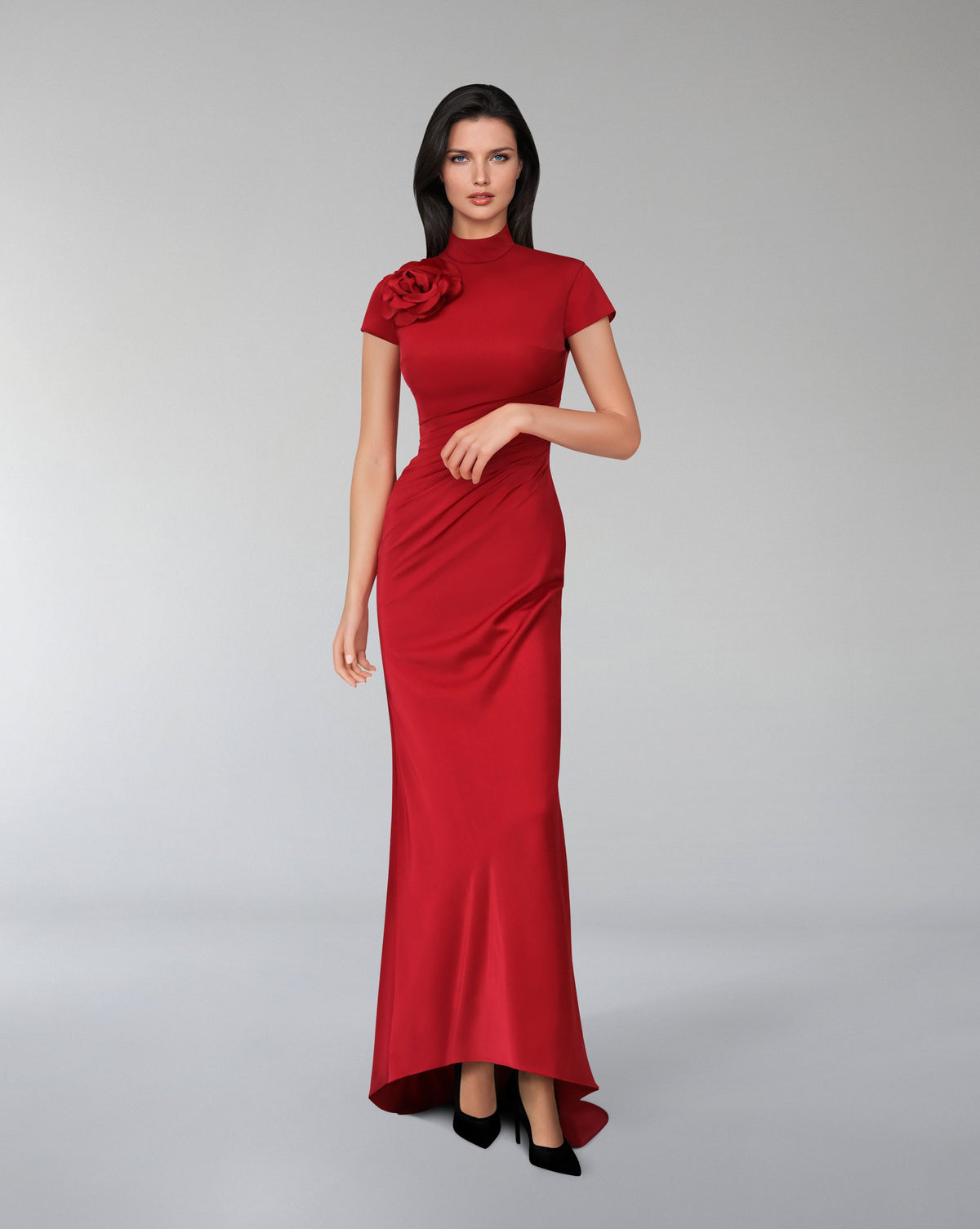 Short sleeve draped dress with 3D flower