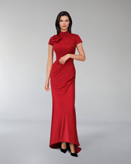Short sleeve draped dress with 3D flower