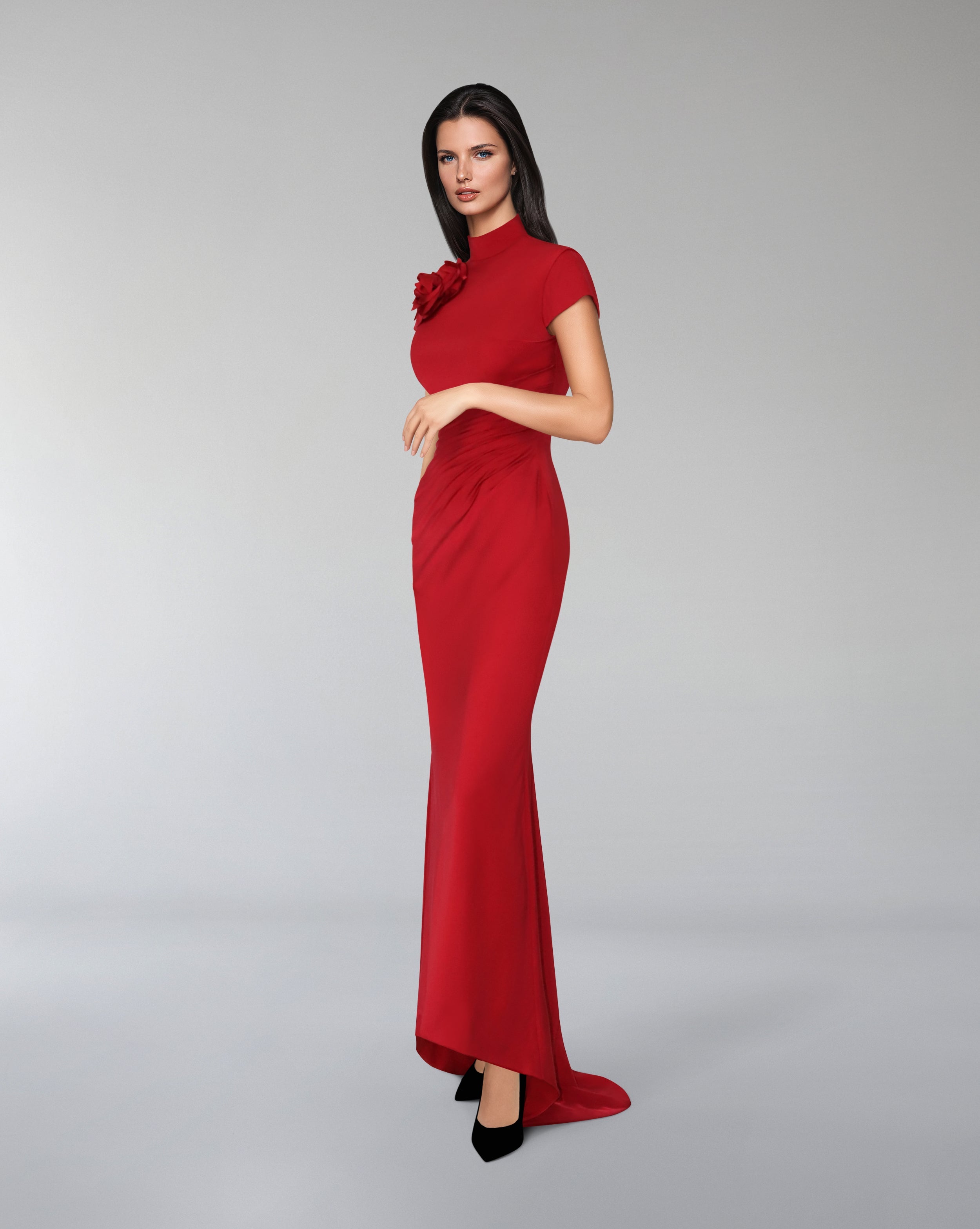 Short sleeve draped dress with 3D flower