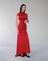 Short sleeve draped dress with 3D flower