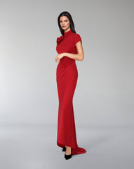 Short sleeve draped dress with 3D flower
