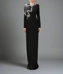 Long-Sleeve Column Dress with Beaded Floral Detail - CELESTE