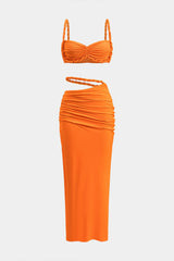 Ruched Backless Cami Top And Cut Out Skirt Set