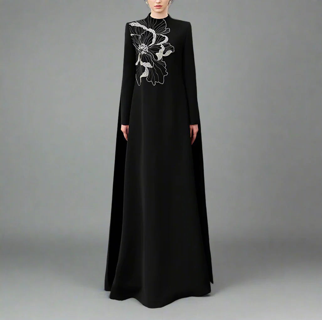 Long-sleeve flared dress with floral embellishment - BLOOM