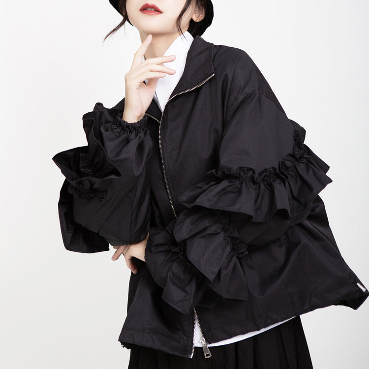 zip-up bomber jacket with tiered ruffle sleeves - VERAZ
