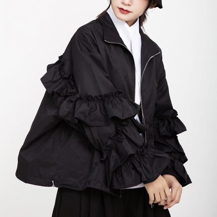 zip-up bomber jacket with tiered ruffle sleeves - VERAZ