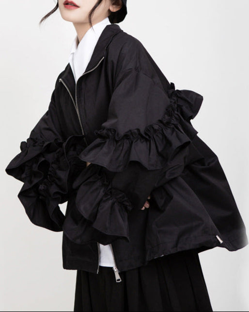 zip-up bomber jacket with tiered ruffle sleeves - VERAZ