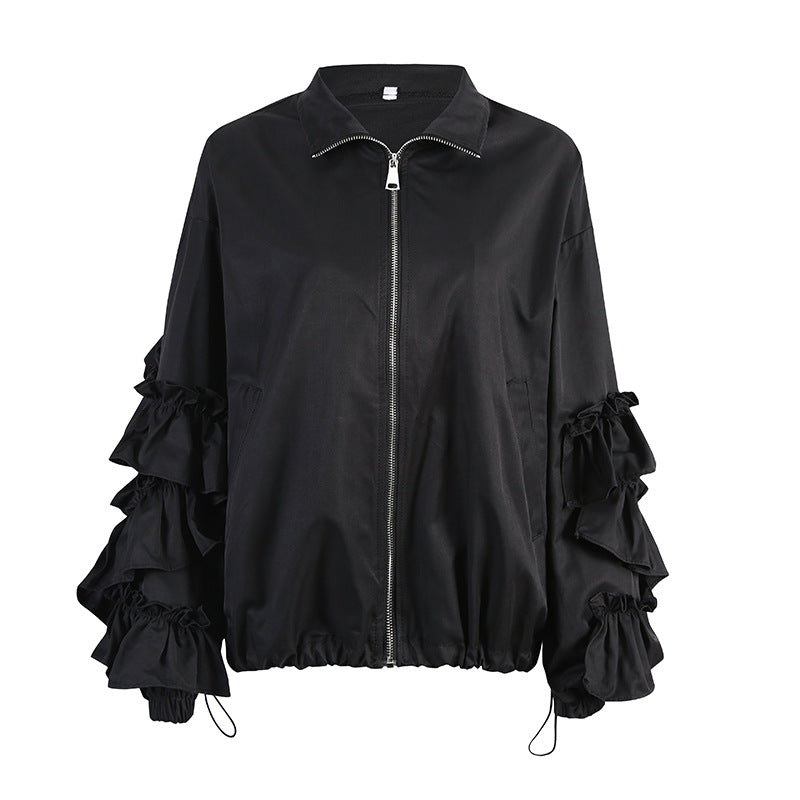 zip-up bomber jacket with tiered ruffle sleeves - VERAZ