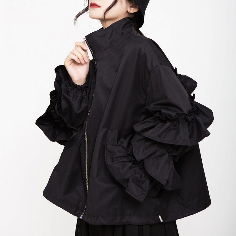 zip-up bomber jacket with tiered ruffle sleeves - VERAZ