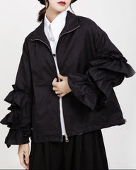 zip-up bomber jacket with tiered ruffle sleeves - VERAZ