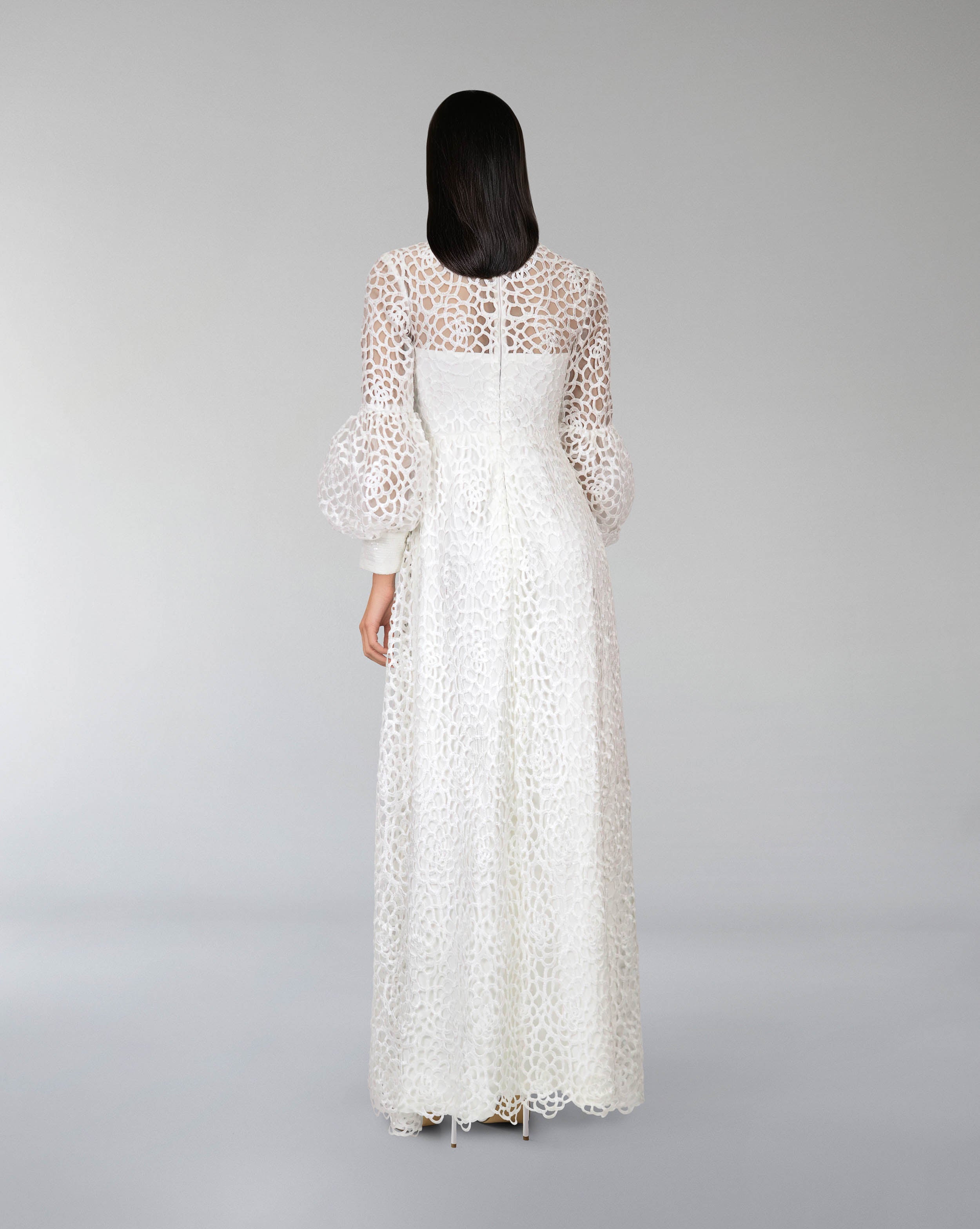 laced column dress with puffed sleeve-Sumoud
