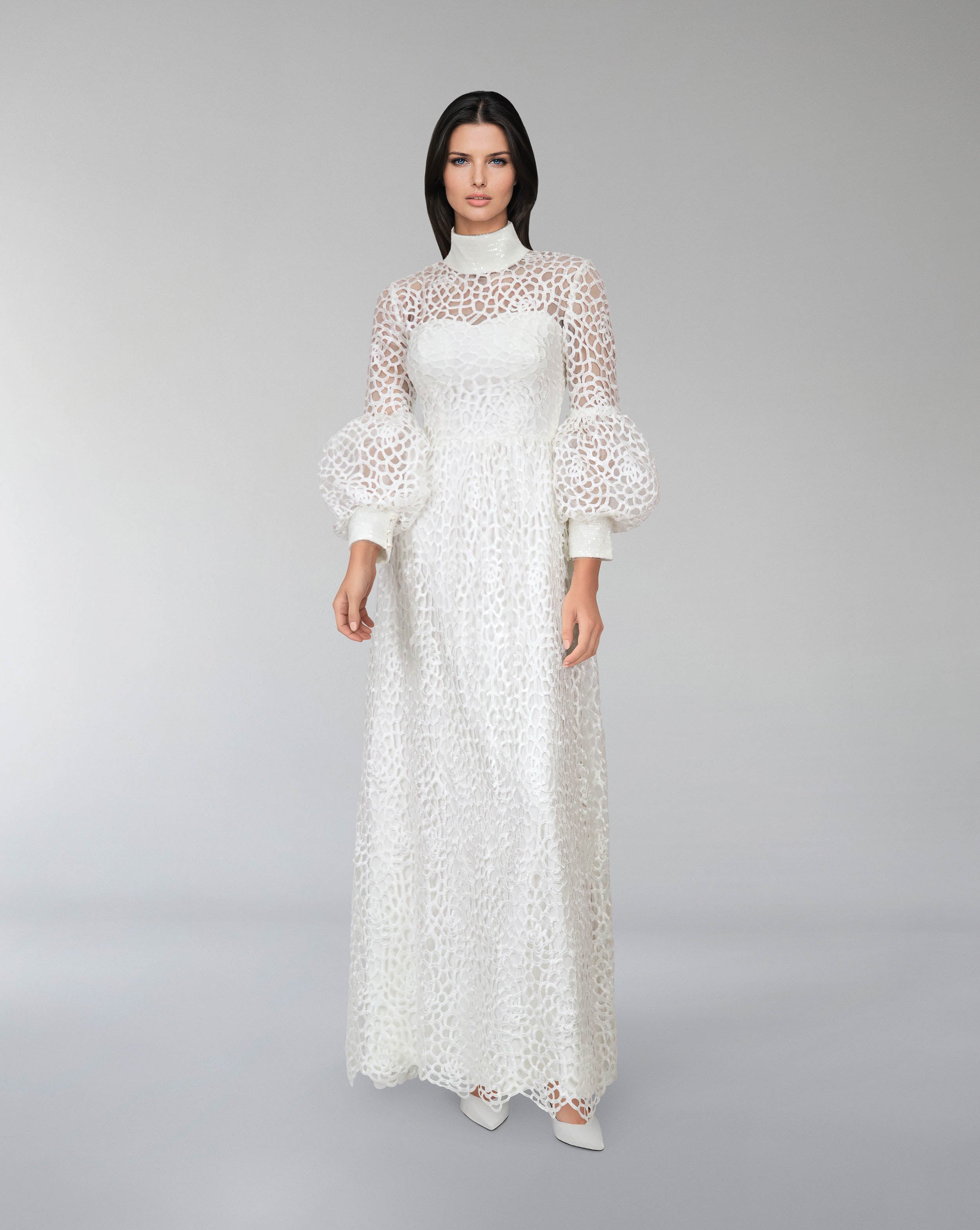 laced column dress with puffed sleeve-Sumoud