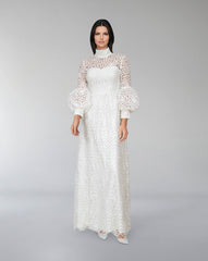 laced column dress with puffed sleeve-Sumoud