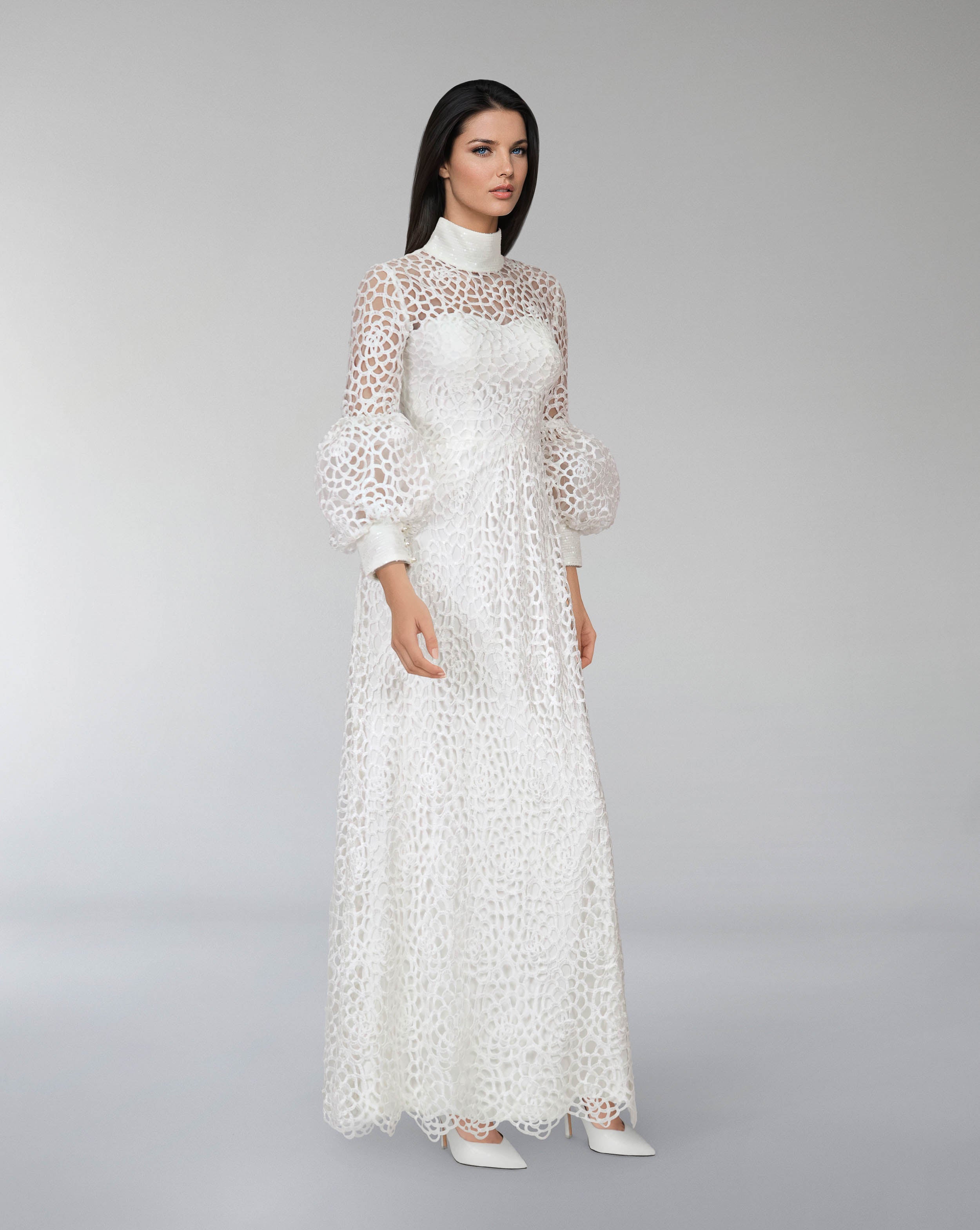 laced column dress with puffed sleeve-Sumoud