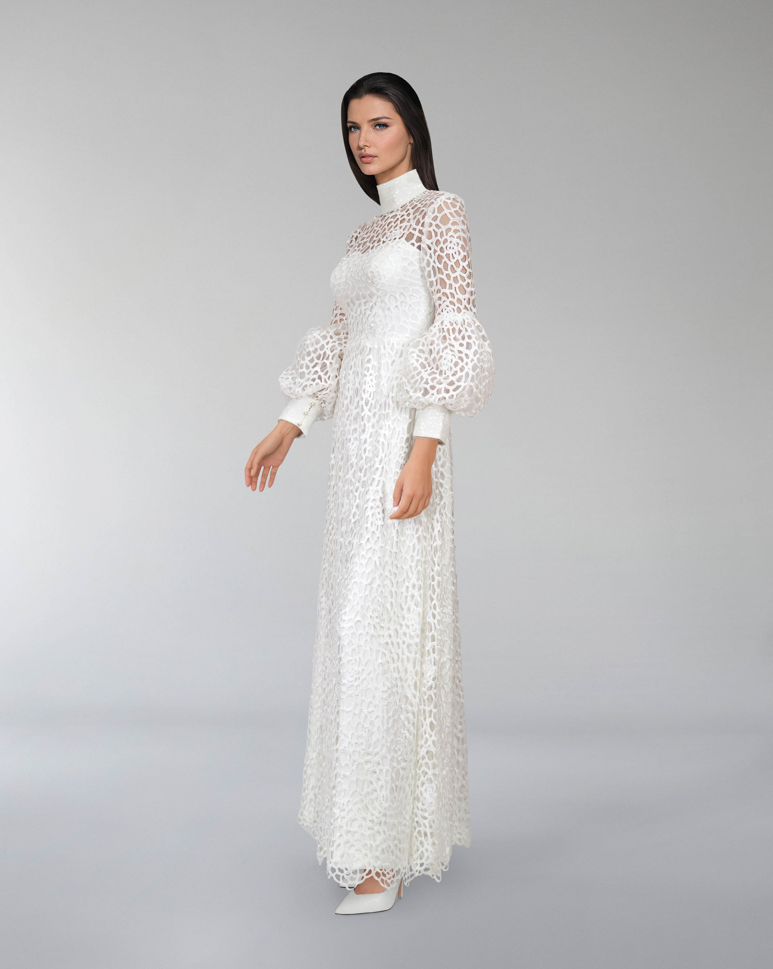 laced column dress with puffed sleeve-Sumoud