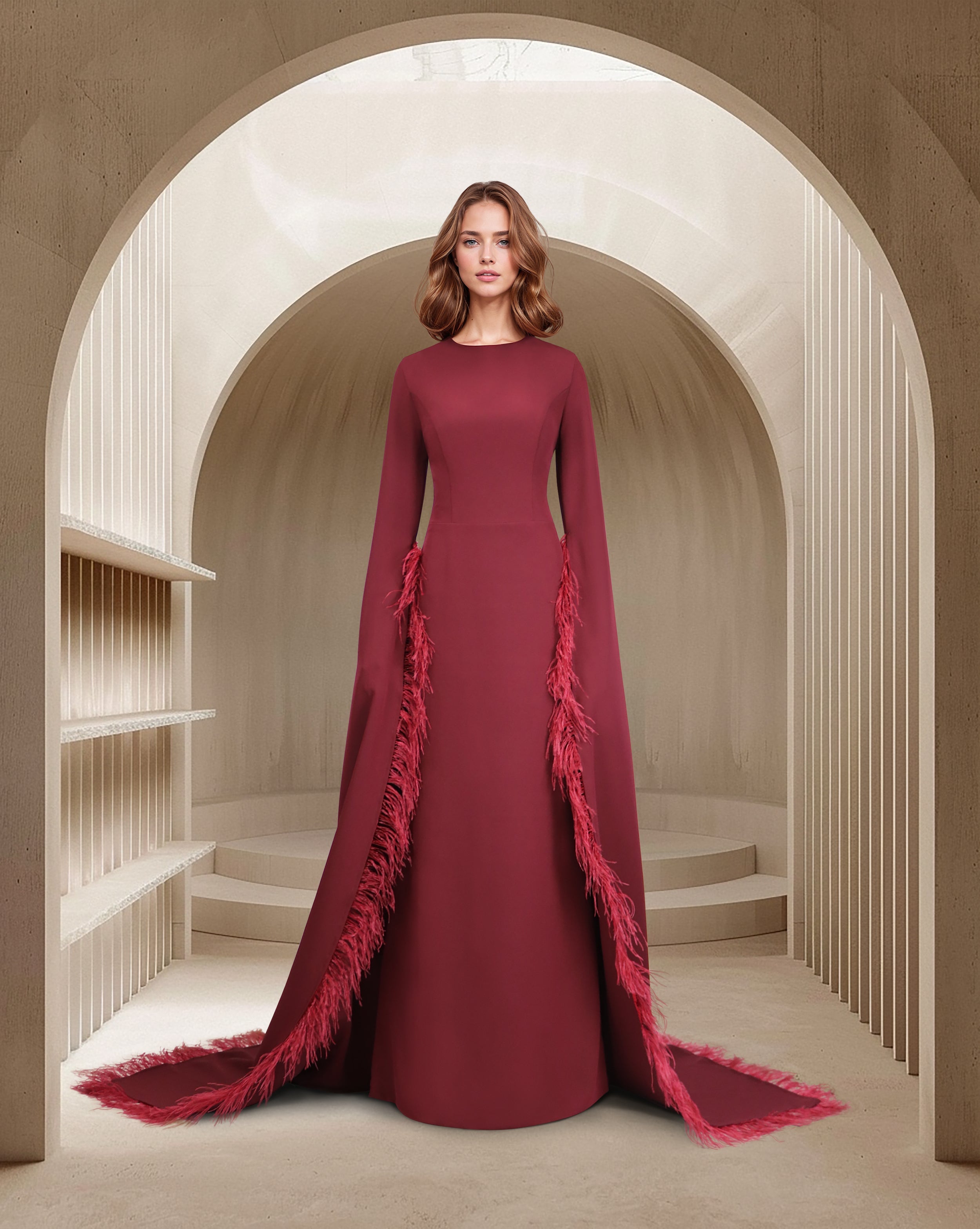 long floor sleeves dress with feathers - Zivah