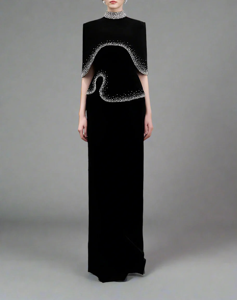 High-Neck Column Dress with Embellished Cape Detail - ELYSIA