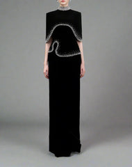 High-Neck Column Dress with Embellished Cape Detail - ELYSIA