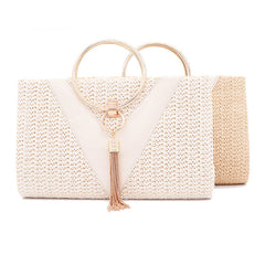Woven handbag with gold ring handle and tassel detail - Bopi