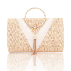 Woven handbag with gold ring handle and tassel detail - Bopi
