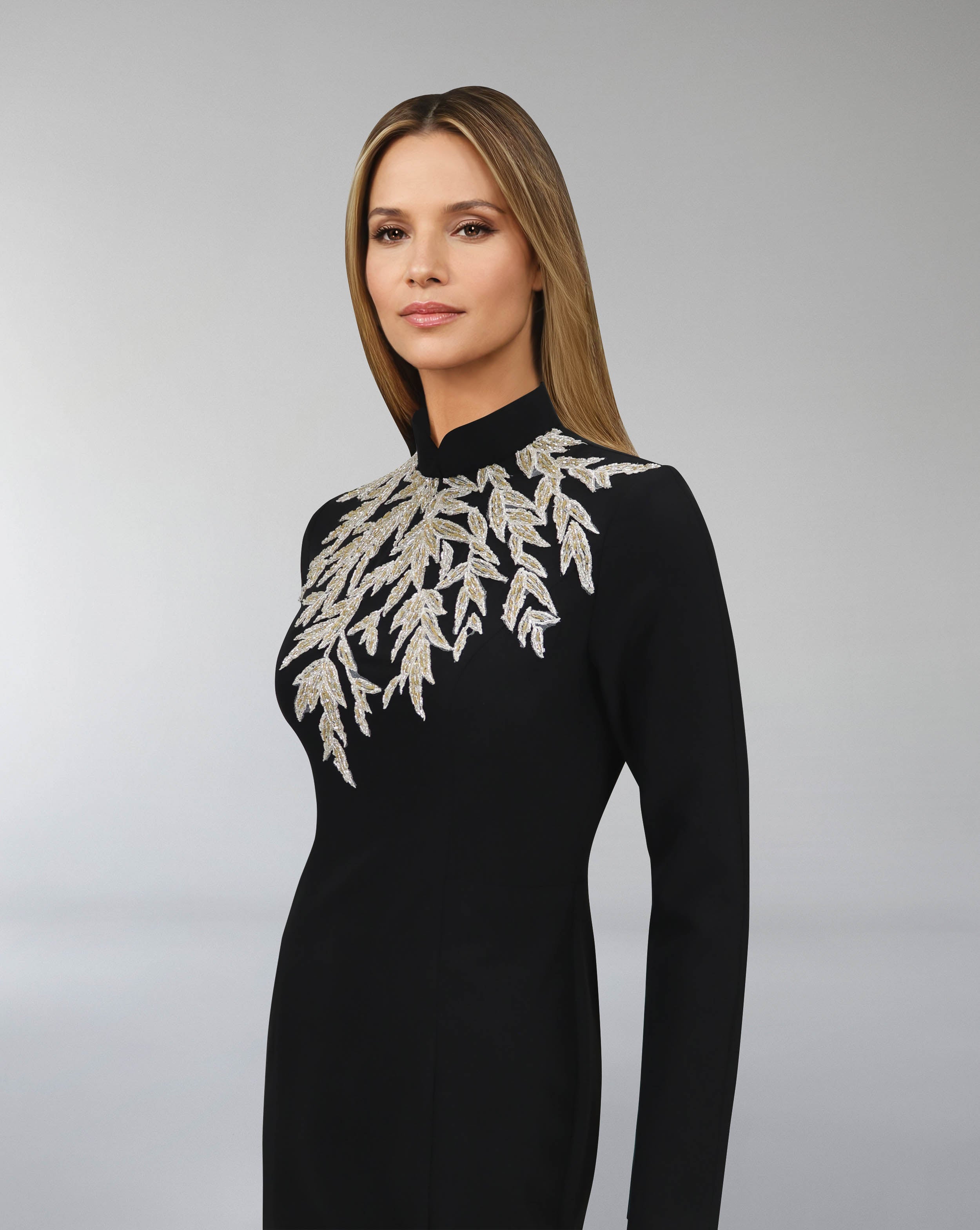Long sleeve column dress with beaded leaves-Almaah