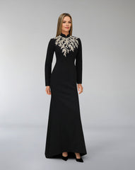Long sleeve column dress with beaded leaves-Almaah