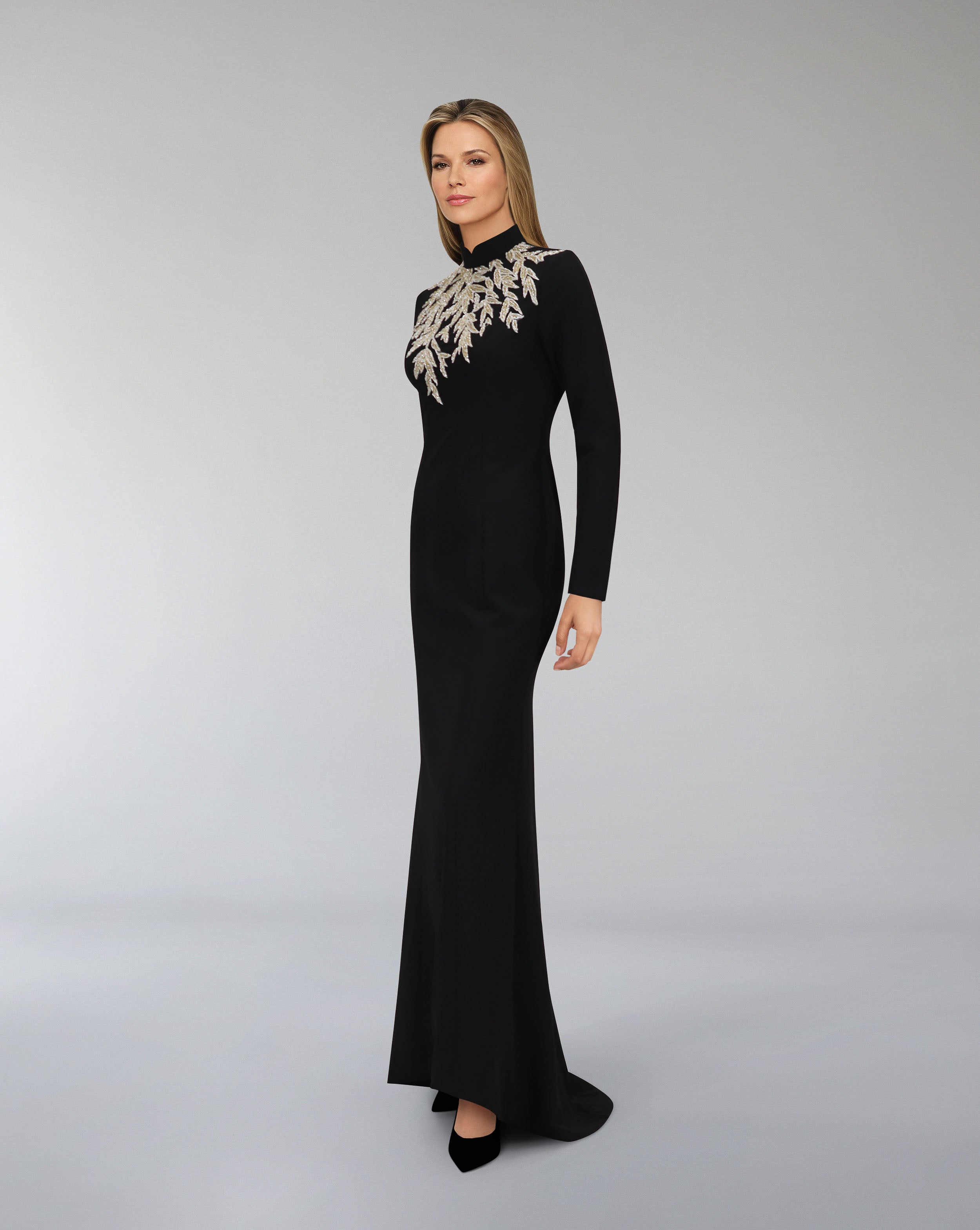 Long sleeve column dress with beaded leaves-Almaah
