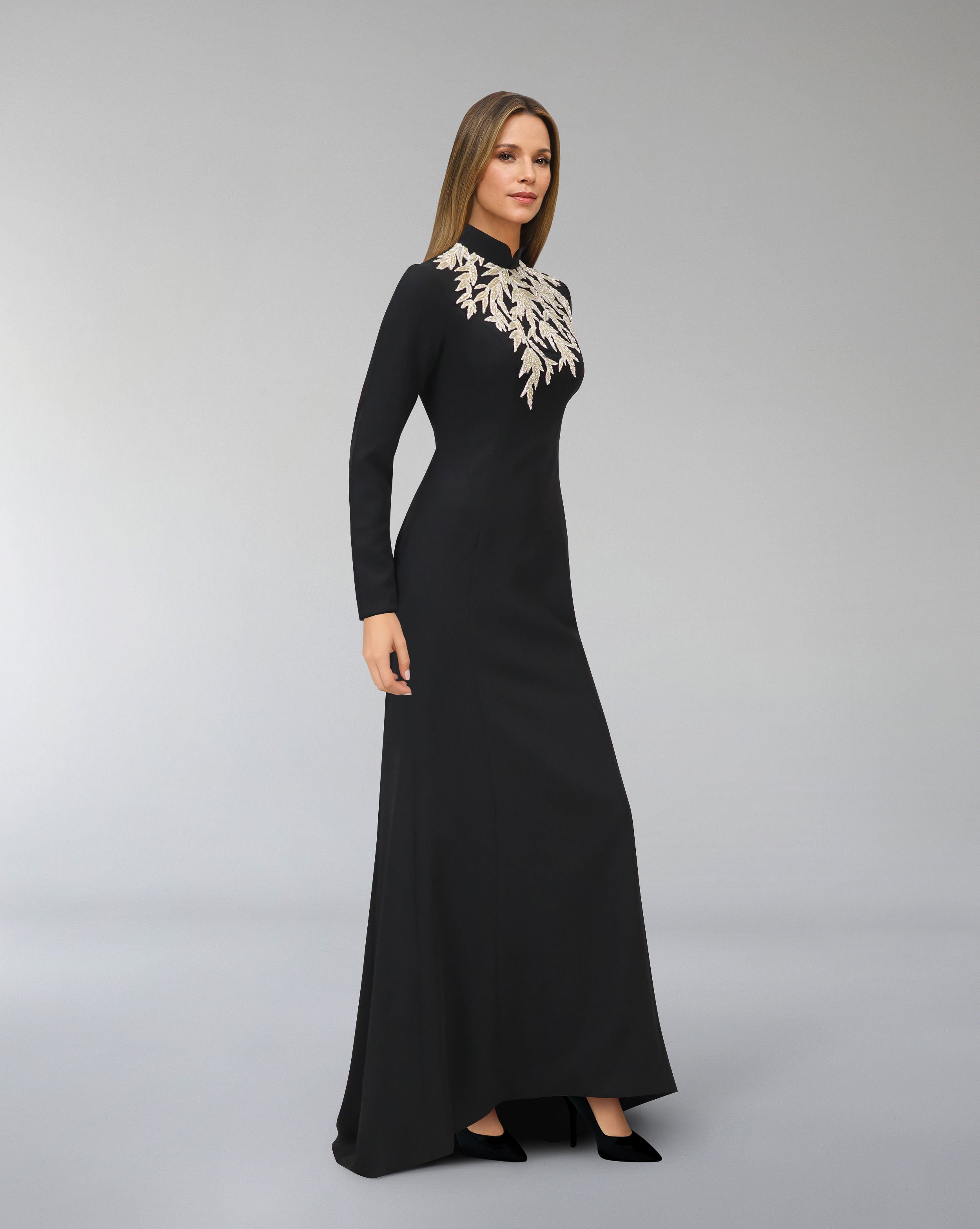Long sleeve column dress with beaded leaves-Almaah