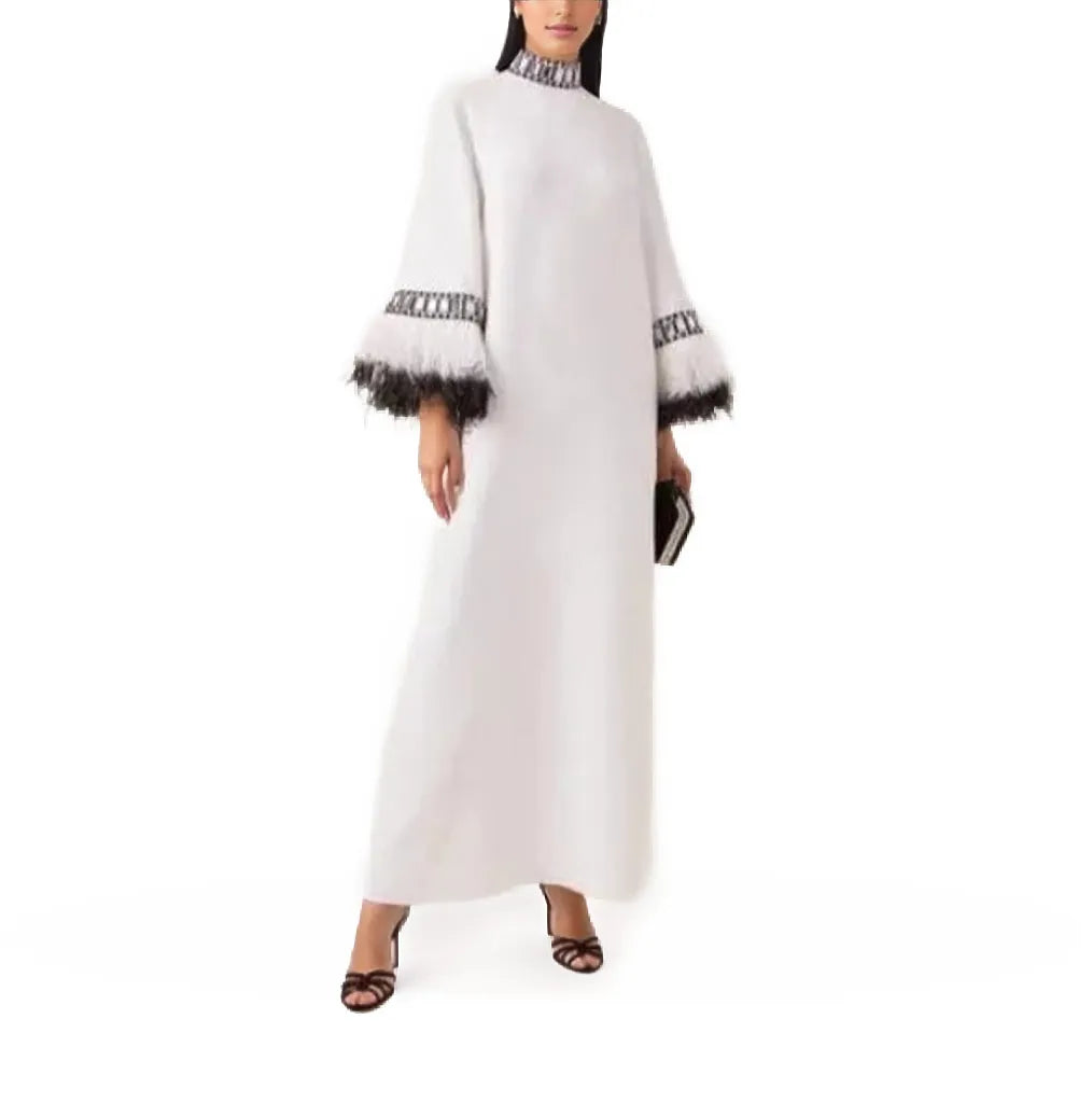 Feather-cuff kaftan gown with embellished collar – Zelphia