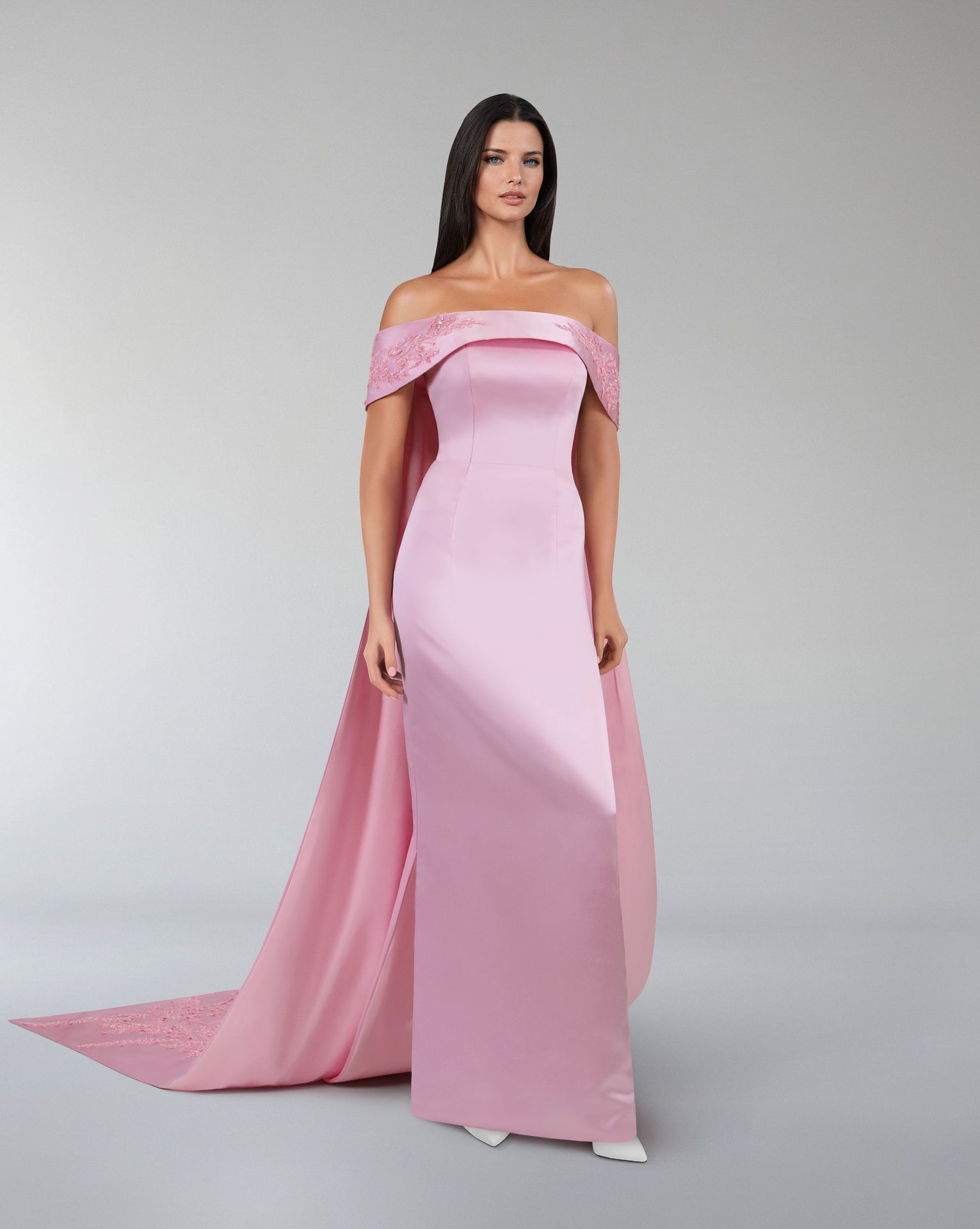 Strapless column dress with sequined maxi trains