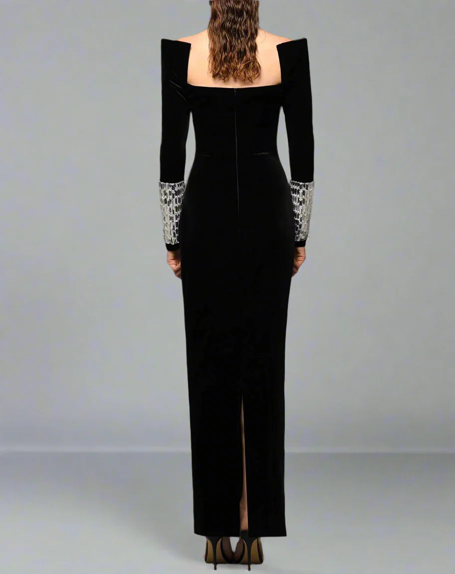 Velvet column dress with structured shoulders and embellished cuffs – Genuine