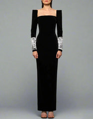 Velvet column dress with structured shoulders and embellished cuffs – Genuine