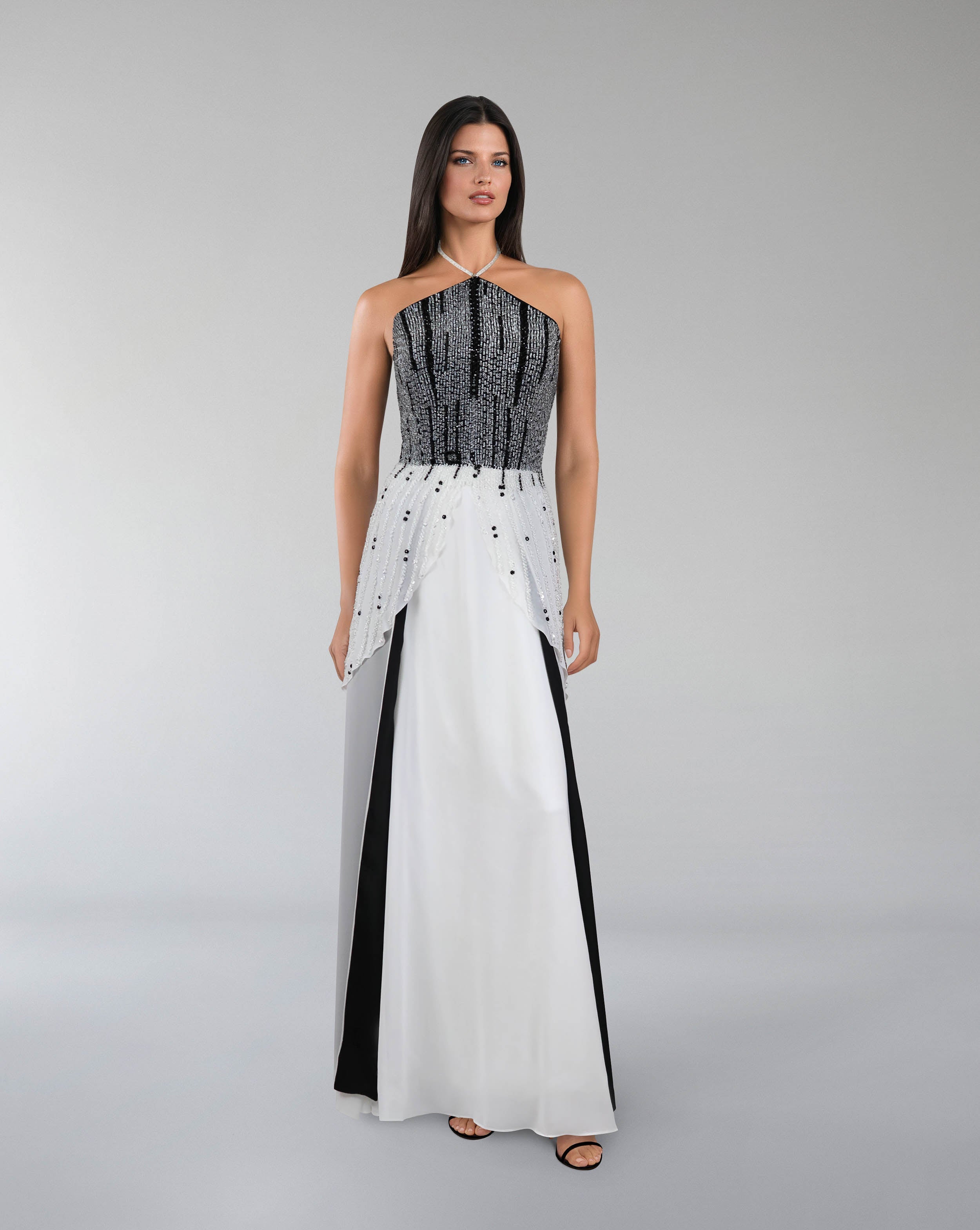 beaded dress with halter neckline and layered skirt-Reverie